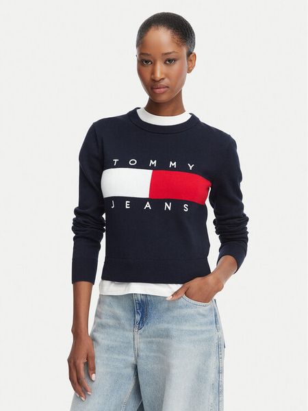 Tommy Jeans Sweter Flag DW0DW22930 Granatowy Regular Fit. Niebieskie swetry damskie Tommy Jeans, m, bez wzorów, z bawełny, bez kołnierzyka, bez ramiączek, bez kaptura. Za 409.99 zł.