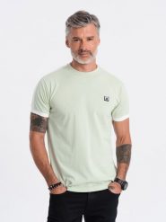 T-shirt męski z kontrastowymi lampasami – pistacjowy V9. Zielone t-shirty męskie Ombre Clothing, m, z aplikacjami, z bawełny, klasyczne, bez kołnierzyka. Za 109.99 zł.