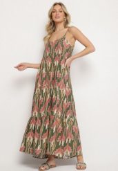 Zielono-Różowa Sukienka o Rozkloszowanym Kroju Boho na Cienkich Ramiączkach Tosave. Zielone sukienki damskie Born2be, na co dzień, na lato, l, z aplikacjami, boho, bez kołnierzyka, bez ramiączek, midi, proste. Za 64.99 zł.