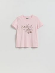 T-shirt z nadrukiem - pastelowy róż. Czerwone t-shirty damskie Reserved, l, bez wzorów, z bawełny, klasyczne, bez kołnierzyka. Za 45.99 zł.