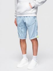 Krótkie jeansowe spodenki męskie z ozdobnymi przeszyciami - jasnoniebieskie V2 - Rozmiar: XL. Niebieskie krótkie spodenki sportowe męskie Ombre Clothing, m, bez wzorów, z bawełny. Za 209.99 zł.