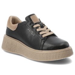 Sneakersy damskie Filippo o sznurowanym fasonie z kontrastowymi sznurówkami i beżowymi detalami osadzone na grubszej profilowanej podeszwie czarne, D. Czarne półbuty damskie Filippo, bez wzorów, z jeansu, eleganckie, bez obcasa, na platformie, bez zapięcia. Za 209.00 zł.