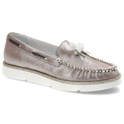 Mokasyny damskie Simen, wsuwane ze miękkiej naturalnej skóry licowej, pudrowe metaliczne, 750-Mell-Pudr-Metalik-Liv-13018. Czerwone mokasyny damskie Simen, z nubiku, eleganckie. Za 209.00 zł.
