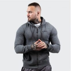 Bluza męska fitness z zamkiem szara Zipper Hoodie. Szare bluzy sportowe męskie GYMBEAM, m, bez wzorów, z bawełny, z kapturem, na fitness i siłownię. Za 109.90 zł.