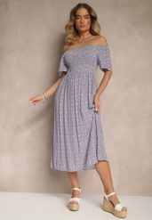 Fioletowa Bawełniana Sukienka Hiszpanka o Rozkloszowanym Kroju w Kwiaty Sadique. Fioletowe sukienki damskie Renee, na co dzień, na lato, l, bez wzorów, z bawełny, eleganckie, bez kołnierzyka, bez ramiączek, midi, rozkloszowane. Za 39.99 zł.
