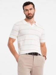 Koszulka polo męska w poziome paski z wiskozą – biało-beżowa V4 OM-POSS-0145 - XXL. Białe koszulki polo męskie Ombre Clothing, l, bez wzorów, z dzianiny, casualowe, bez ramiączek. W wyprzedaży za 89.99 zł.