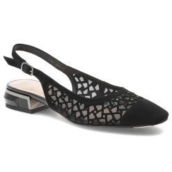 Czółenka damskie S.Barski, skóra naturalna ażurowa cholewka fason slingback regulowany pasek niski geometryczny obcas lekka konstrukcja, czarne, CR61. Czarne klapki damskie S.BARSKI, w ażurowe wzory, ze skóry, bez obcasa, na obcasie, bez zapięcia. Za 339.00 zł.