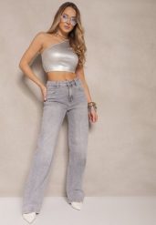 Jasnoszare Szerokie Jeansy z Bawełny High Waist Ozdobione Cyrkoniami Firlevia. Szare jeansy damskie Renee, z podwyższonym stanem. Za 119.99 zł.