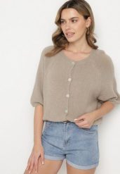 Beżowy Kardigan z Wełną z Rękawami Długości 3/4 Iffolara. Brązowe kardigany damskie Born2be, uniwersalny, bez wzorów, z wełny, eleganckie, bez kołnierzyka, bez ramiączek, bez kaptura. Za 139.99 zł.