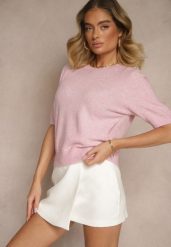 Różowy Sweter z Wełną Krótkim Rękawem Ozdobiony Ściągaczami Emiralin. Czerwone swetry damskie Renee, uniwersalny, bez wzorów, z jeansu, casualowe, bez kołnierzyka, bez ramiączek, krótkie, bez kaptura. Za 99.99 zł.
