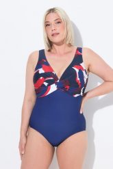 Damski Strój kąpielowy ozdobny węzełek miękkie miseczki biust z nadrukiem. Niebieskie kostiumy jednoczęściowe damskie Ulla Popken, plus size, bez wzorów, z elastanu, plus size, do pływania. Za 233.99 zł.