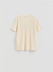Ażurowy t-shirt comfort - złamana biel. T-shirty męskie Reserved, l, w ażurowe wzory, z bawełny, bez kołnierzyka. Za 79.99 zł.