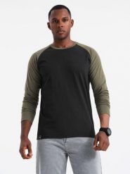 Męski longsleeve z raglanowymi kontrastowymi rękawami czarno-oliwkowy V3 OM-LSCL-0105 XL. Czarne bluzki z długim rękawem męskie Ombre, m, bez wzorów, bez kołnierzyka. Za 134.65 zł.