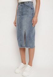 Granatowa Bawełniana Spódnica Jeansowa Ozdobiona Łańcuchem Lilisela. Niebieskie spódnice damskie Born2be, s, bez wzorów, z bawełny, eleganckie, midi. Za 49.99 zł.