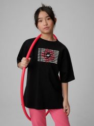 4F T-shirt loose z nadrukiem dziewczęcy - czarny 164 (13-14 lat). Czarne t-shirty i topy dla dziewczynek 4f, bez wzorów, z bawełny, bez ramiączek. Za 49.99 zł.