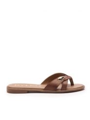 Ciemnobrązowe japonki z ozdobą. Brązowe klapki damskie Ryłko, z aplikacjami, z materiału, eleganckie, bez obcasa, na płaskiej podeszwie. Za 299.99 zł.