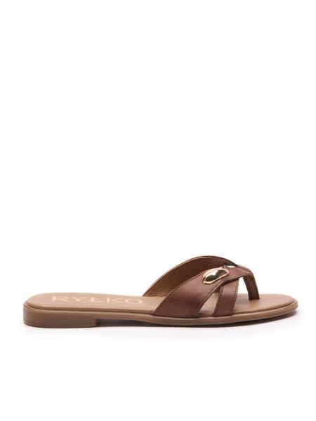 Ciemnobrązowe japonki z ozdobą. Brązowe klapki damskie Ryłko, z aplikacjami, z materiału, eleganckie, bez obcasa, na płaskiej podeszwie. Za 299.99 zł.