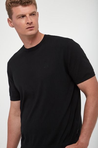 T-shirt męski dzianinowy ARMANI EXCHANGE. T-shirty męskie Armani Exchange, m, bez wzorów, z dzianiny, bez kołnierzyka. Za 399.00 zł.