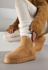 Brązowe Śniegowce na Platformie Typu Sztyblety Ahelina. Brązowe śniegowce i trapery damskie Renee, z jeansu. Za 89.99 zł.