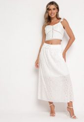 Biały Komplet w Stylu Boho Koronkowy Top i Spódnica Rozkloszowana z Gumką w Pasie Sovemia. Białe spódnice damskie Born2be, l, z aplikacjami, z koronki, boho, proste. Za 129.99 zł.