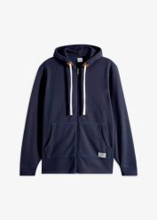 Polarowa bluza rozpinana z kapturem i zewnętrznymi kieszeniami. Niebieskie bluzy męskie bonprix, m, z aplikacjami, z polaru, z kapturem. Za 104.99 zł.
