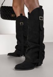 Czarne Kozaki Kowbojki na Stożkowym Obcasie z Wywiniętą Cholewką i Klamrą Naletea. Czarne kozaki damskie Born2be, bez obcasa, na obcasie. Za 159.99 zł.