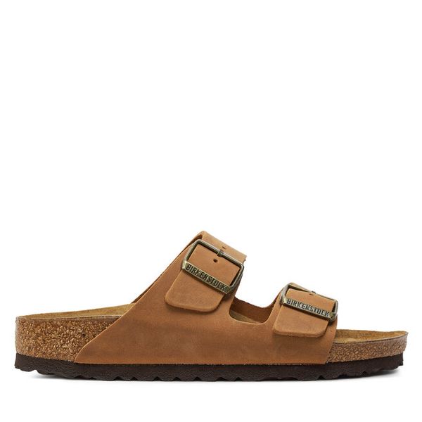 Klapki Birkenstock. Brązowe klapki damskie Birkenstock, bez wzorów, bez obcasa. Za 379.99 zł.