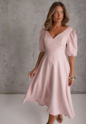 Różowa Rozkloszowana Sukienka Koktajlowa z Bufkami i Wiązaniem z Tyłu Nolesa. Czerwone sukienki dla dziewczynek Renee, bez wzorów, eleganckie, bez ramiączek. Za 249.99 zł.