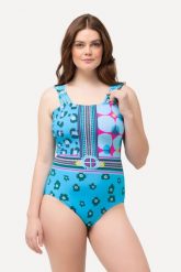 Damski Kostium kąpielowy mieszanka wzorów miękkie miseczki z recyklingu. Niebieskie kostiumy jednoczęściowe damskie Ulla Popken, plus size, bez wzorów, z elastanu, plus size, do pływania. Za 239.99 zł.