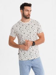 Koszulka bawełniana z nadrukiem i okrągłym dekoltem – kremowa V1 OM-TSFP-0225 - XXL. Białe t-shirty męskie Ombre Clothing, l, bez wzorów, z bawełny, klasyczne, bez kołnierzyka. Za 65.99 zł.