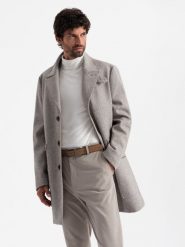 Jednorzędowy wzorzysty męski płaszcz z kieszeniami – popielaty V1 OM-COWC-0108 - XXL. Szare płaszcze męskie Ombre Clothing, l, bez wzorów, z materiału, klasyczne, bez kaptura. Za 317.99 zł.