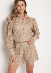 Beżowy Komplet z Bawełną Koszula i Szorty Ozdobione Ażurowym Wzorem Zeralea. Brązowe koszule damskie Born2be, m, z aplikacjami, z bawełny, eleganckie. Za 169.99 zł.