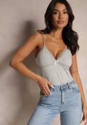 Ciemnoszary Top z Bawełny na Regulowanych Ramiączkach Larithra. Szare bluzki damskie Renee, l, z aplikacjami, z bawełny, eleganckie, bez kołnierzyka, bez ramiączek. Za 19.99 zł.