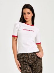 Koszulka z napisem - biały. Białe t-shirty damskie Sinsay, l, bez wzorów, bez kołnierzyka. Za 25.99 zł.