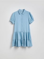 Sukienka mini z lyocellu - niebieski. Niebieskie sukienki damskie Reserved, l, bez wzorów, z lyocellu, bez kołnierzyka, bez ramiączek, mini, rozkloszowane. Za 139.99 zł.