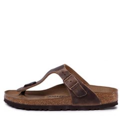 Japonki Birkenstock. Brązowe klapki damskie Birkenstock, bez wzorów, bez obcasa. Za 389.99 zł.