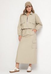 Jasnobeżowy Komplet z Bawełną Rozpinana Bluza i Spódnica Evariel. Brązowe bluzy damskie Born2be, na wiosnę, l, z aplikacjami, z bawełny. Za 279.99 zł.