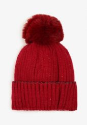 Bordowa Czapka Beanie Ozdobiona Metaliczną Nicią i Pomponem Delasirra. Czerwone czapki i kapelusze damskie Renee, bez wzorów, z jeansu, eleganckie. Za 34.99 zł.