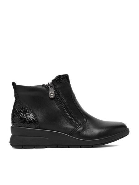 Rieker Botki CEO-L4861-00 Czarny. Czarne botki damskie Rieker, ze skóry, bez obcasa, na koturnie, bez zapięcia. Za 399.99 zł.