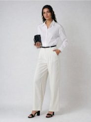 Spodnie palazzo z domieszką lnu - biały. Białe spodnie materiałowe damskie Sinsay, l, bez wzorów. Za 59.99 zł.