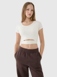 T-shirt crop top gładki damski 4F 4FRSS25TTSHF2695. Białe t-shirty damskie 4f, l, bez wzorów, z bawełny, sportowe, bez kołnierzyka. Za 34.99 zł.