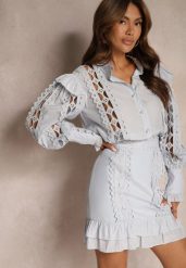 Niebieski Komplet Ażurowy z Bawełną Spódnica i Koszula Ozdobiona Guzikami z Pereł Leninia. Niebieskie koszule damskie Renee, m, z aplikacjami, z bawełny, eleganckie, koszulowe. Za 84.99 zł.