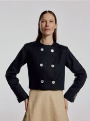 Lniana marynarka - granatowy. Niebieskie żakiety damskie Reserved, l, bez wzorów, z tkaniny. W wyprzedaży za 189.99 zł.