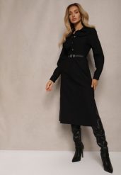 Czarna Koszulowa Sukienka z Ozdobnym Paskiem i Rozcięciami Ciarira. Czarne sukienki damskie Renee, na co dzień, l, bez wzorów, eleganckie, bez kołnierzyka, bez ramiączek, midi, koszulowe. Za 129.99 zł.