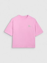 4F T-shirt oversize z nadrukiem damski - różowy L. Czerwone koszulki sportowe damskie 4f, l, bez wzorów, z bawełny, bez kołnierzyka, bez ramiączek. W wyprzedaży za 49.99 zł.