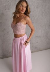 Różowa Rozkloszowana Spódnica w Stylu Casual Zdobiona Wzorem w Paski Sinalea. Czerwone spódnice damskie Renee, z aplikacjami, casualowe, maxi, dopasowane. Za 119.99 zł.