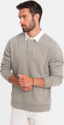 Ombre Bluza męska z białym kołnierzykiem polo - ciemnobeżowa V2 OM-SSNZ-0132 XXL. Białe bluzy męskie Ombre, m, bez wzorów, bez kaptura. Za 79.99 zł.
