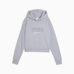 Bluza damska Puma ELEVATED GRAPHIC CROPPED TR 68950020. Szare bluzy damskie Puma, l, z aplikacjami, z bawełny, z kapturem. Za 195.67 zł.