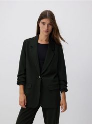 Marynarka z marszczonymi rękawami - morski. Zielone żakiety damskie Reserved, l, bez wzorów, z tkaniny. W wyprzedaży za 99.99 zł.