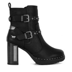 Botki Mustang. Czarne botki damskie Mustang, bez obcasa, na słupku, bez zapięcia. Za 399.99 zł.